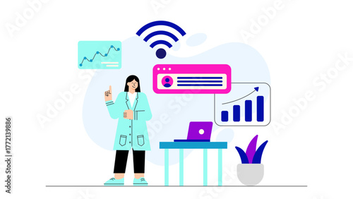 Freelance Business Professional Working from Laptop Flat Vector Illustration