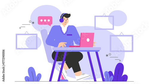 Freelance Business Professional Working from Laptop Flat Vector Illustration