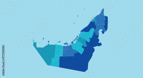 Map of the United Arab Emirates showing its seven emirates in varying shades of blue and teal, set against a lighter blue background.