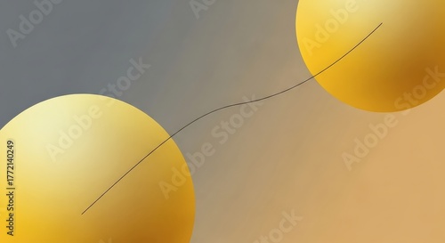 Abstract art depicting two golden spheres connected by a thin line