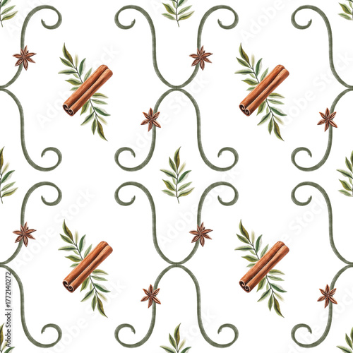 Seamless watercolor Christmas pattern with oranges, cinnamon, greenery, and spices. Festive citrus Christmas background.