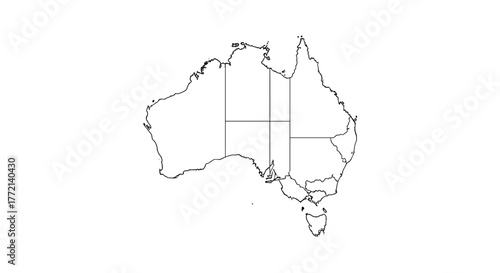Black and white outline map of Australia, clearly showing its national and internal state and territory borders.