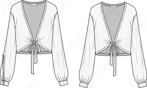 Front tie blouse flat sketch, long sleeve crop top with deep v neckline, fashion design technical drawing, CAD vector illustration