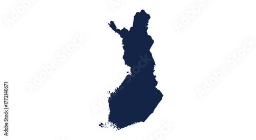 A detailed dark blue silhouette map of the country of Finland, highlighting its geographical outline on a clean white background.
