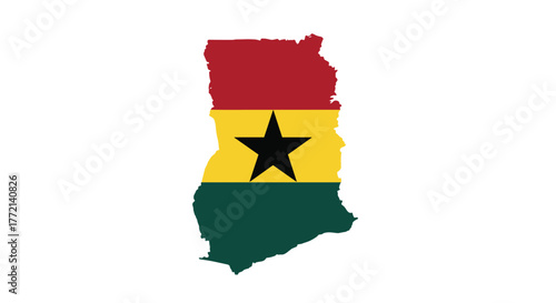 The outline of Ghana's map is filled with the national flag, featuring horizontal stripes of red, gold, and green with a black star.