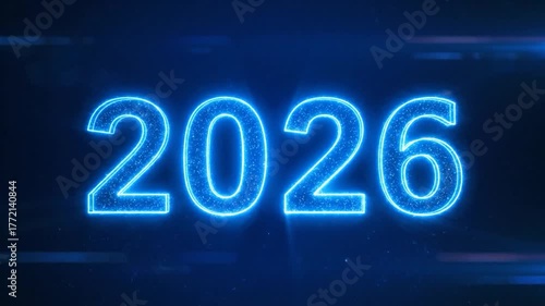 Glowing neon-blue 2026 text with sparkling particles, set against a dark blue background