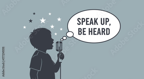 Inspirational vector illustration of a child's silhouette speaking into a vintage microphone, symbolizing freedom of speech and self-expression