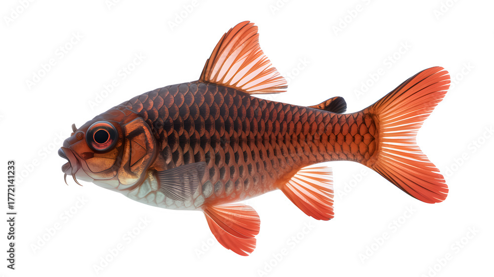 Fototapeta premium Vibrant cherry barb fish showcasing its striking red coloration and distinctive horizontal stripes against a black background