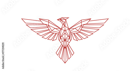 A stylized red geometric phoenix or eagle, designed in a polygonal low-poly art style with outstretched wings, symbolizing strength, freedom, and renewal.