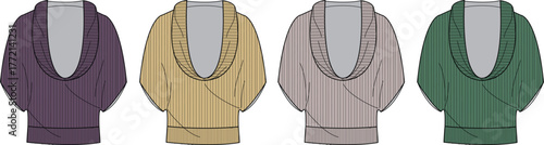 Fashion technical flat sketch of a women's cowl neck dolman sleeve sweater shown in a set of four different colorways as an apparel design template
