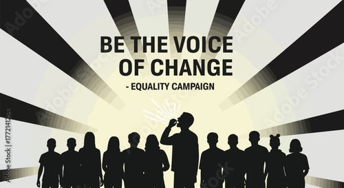 Silhouette of a leader with a bullhorn addressing a crowd, symbolizing a social movement for equality and change