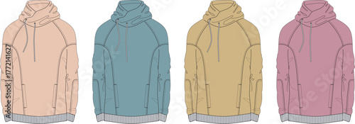 Collection of versatile illustrated hooded sweatshirts in a variety of soft colors, perfect for fashion design templates, apparel concepts, and clothing mockups