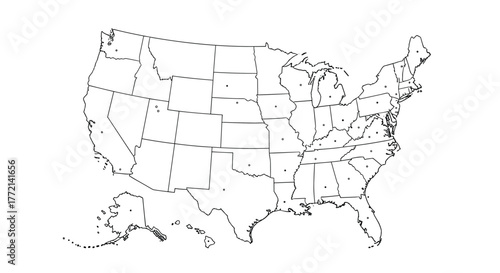 Black and white outline map of the United States of America, showing all state borders and capital city locations.