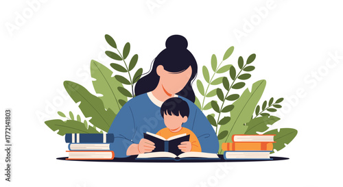 A loving mother and her young child bond over a book, fostering a love for reading and learning amidst a serene, nature-inspired setting.