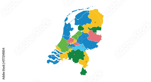 Detailed political map of the Netherlands, featuring its twelve provinces in diverse colors and marking their capital cities.
