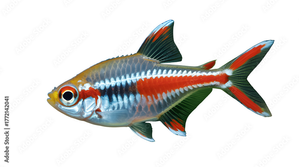 Naklejka premium Vibrant neon tetra fish with striking red and blue iridescent markings against a dark background