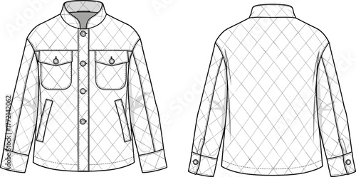 Quilted jacket technical sketch, front and back view, fashion flat drawing, garment construction detail, CAD drawing flat vector illustration