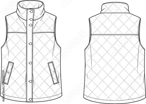 Quilted vest technical sketch, front and back view, high collar, diamond pattern, snap buttons, fashion flat, cad drawing flat vector illustration