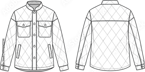 Quilted jacket, stand collar, button closure, chest flap pocket, front back view, fashion sketch, cad drawing flat vector illustration