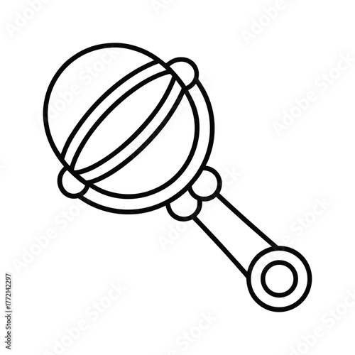 Simple minimalist line art icon of a baby rattle for design projects