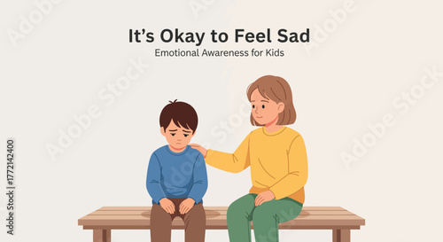 Caring parent comforts a despondent young boy sitting on a bench. A touching flat illustration about empathy, support, and managing childhood emotions