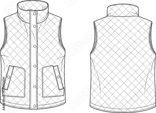 Quilted vest technical sketch, front and back view, patch pockets, snap buttons, diagonal quilting, high collar, cad drawing flat vector illustration