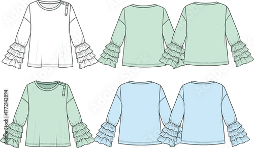Ruffle sleeve top, button shoulder, color variation, front back view, fashion sketch, garment flat, cad drawing flat vector illustration