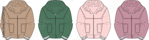Collection of four puffer jackets in different colors, featuring hoods and zipper closures, showcased on a white background