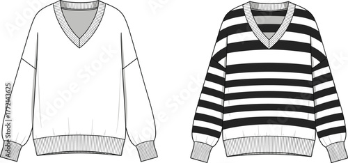 V neck sweater front view, long sleeve pullover design, striped and plain version, fashion flat sketch, CAD drawing vector illustration