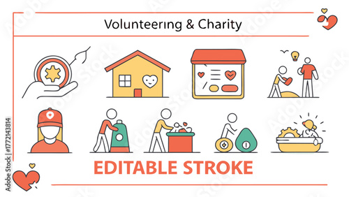 Volunteering and charity icons depicting community service and helping others