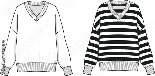 V-neck sweater fashion illustration, striped and plain pullover design, technical flat sketch, garment vector template, CAD drawing flat vector illustration