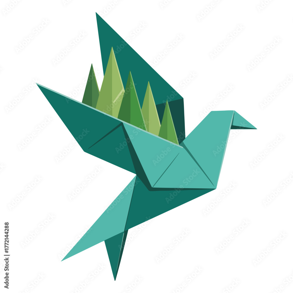 Naklejka premium An origami bird carrying green trees, a symbol of nature and peace. The bird has folded wings and represents a peaceful state