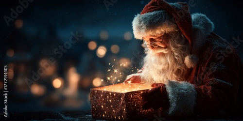 Santa Claus opening a magical gift box with sparkling lights in a snowy village at night