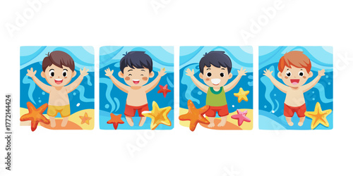 A group of four pictures boy and starfish background design composition depth frame creative elements gesture motion cartoonish backgrounds movement expression illustration layers emotion See Less