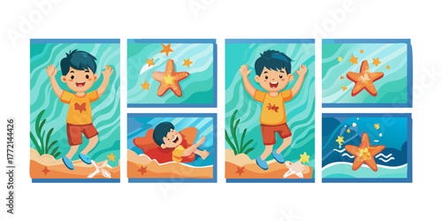 A group of four pictures boy and starfish background design composition depth frame creative elements gesture motion cartoonish backgrounds movement expression illustration layers emotion See Less