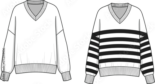 V-neck sweater fashion sketch, striped and plain design, technical flat drawing, garment illustration, vector apparel template, CAD drawing flat vector illustration