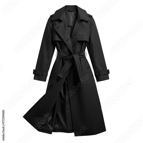 Black trench coat with belt tied, front open, realistic lighting transparent background