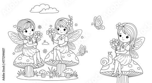 Three fairies sitting on mushrooms with flowers and butterflies in a line art style.