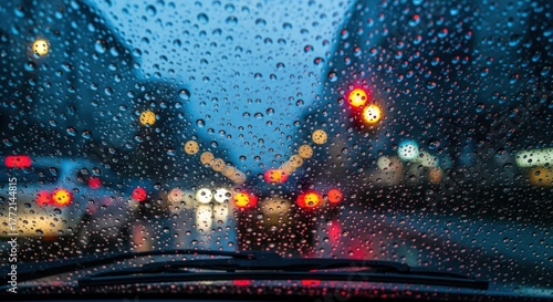 Raindrops on a car windshield obscure the view of traffic and city lights at night.