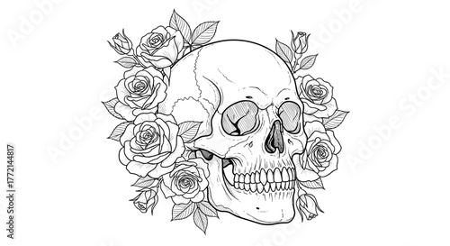 Skull and roses, a symbol of life and death