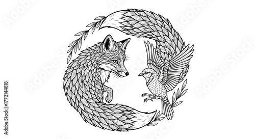 Fox and bird in a circle, a harmonious balance