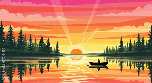 Serene landscape illustration of a vibrant sunrise over a tranquil lake, with the silhouette of a person in a boat and a pine forest