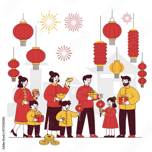 Chinese Family Celebrating Lantern Festival Together