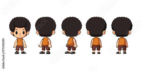 Cartoon boy with afro character sprite sheet. Front, side, and back view.