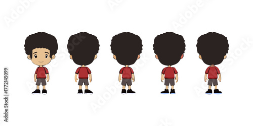 Cartoon boy with afro character sprite sheet. Front, side, and back view.