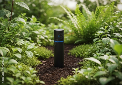 Smart device measuring soil whit young green plant seedling growing in a small pot amongst the grass in the garden
