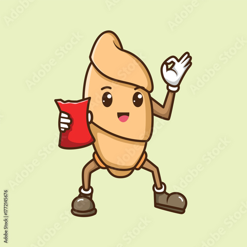 Fun cartoon illustration of a smiling croissant mascot holding a red snack bag and showing an OK hand gesture. Perfect for bakery logo, food mascot, pastry shop branding, or cute packaging design.