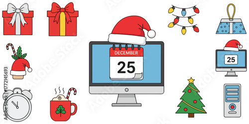 Festive Digital Christmas Celebration Icon Set with Computer Calendar and Holiday Symbols