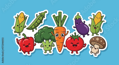 A cute collection of kawaii vegetable cartoon characters with happy faces. Vector illustration sticker set for promoting healthy eating