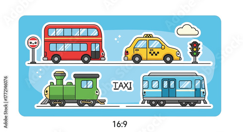 A vibrant cartoon collection of public transportation icons featuring a city bus, taxi cab, locomotive, and subway train